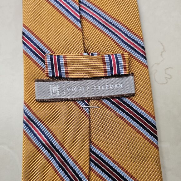 Hickey Freeman Made in USA Yellow Red Blue Repp Stripe Silk And Cotton Tie Woven - Picture 8 of 9